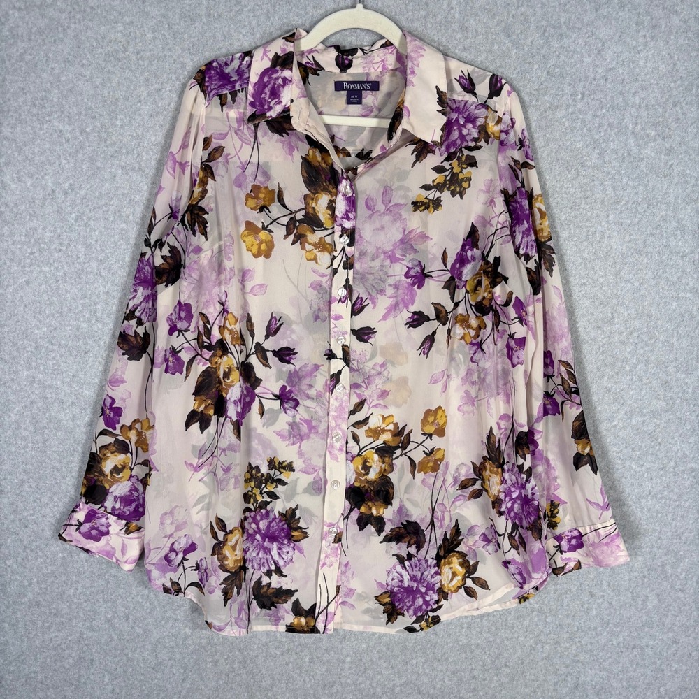 Sheer Floral Button‎ Up Tunic Shirt 16W Purple Cream Blouse Feminine Romantic